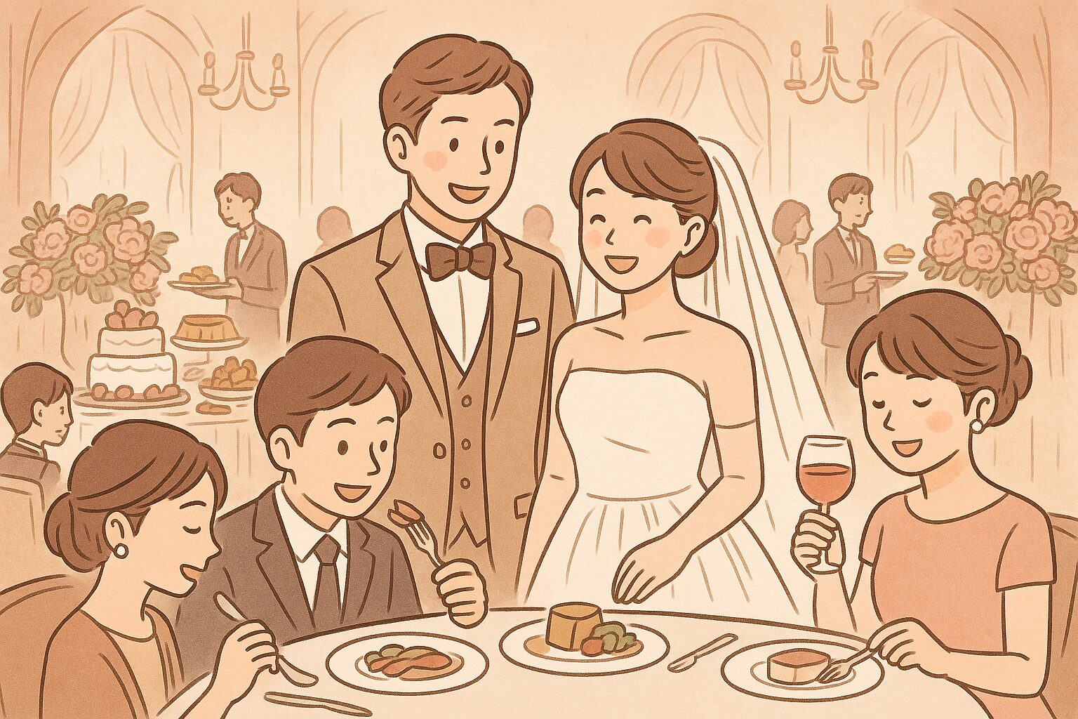 披露宴会場で、新郎新婦がゲストと共に料理を楽しむ華やかなシーン