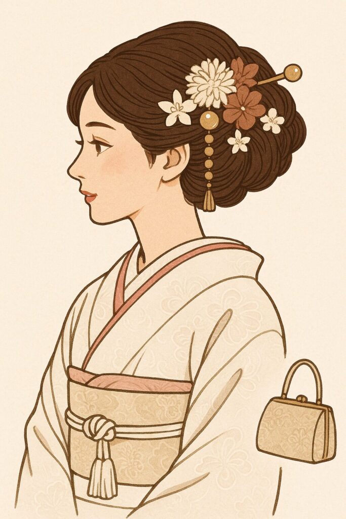 和装姿の花嫁が横顔で描かれ、髪には花のかんざしを飾り、帯やバッグまでコーディネートされた美しいイラスト。