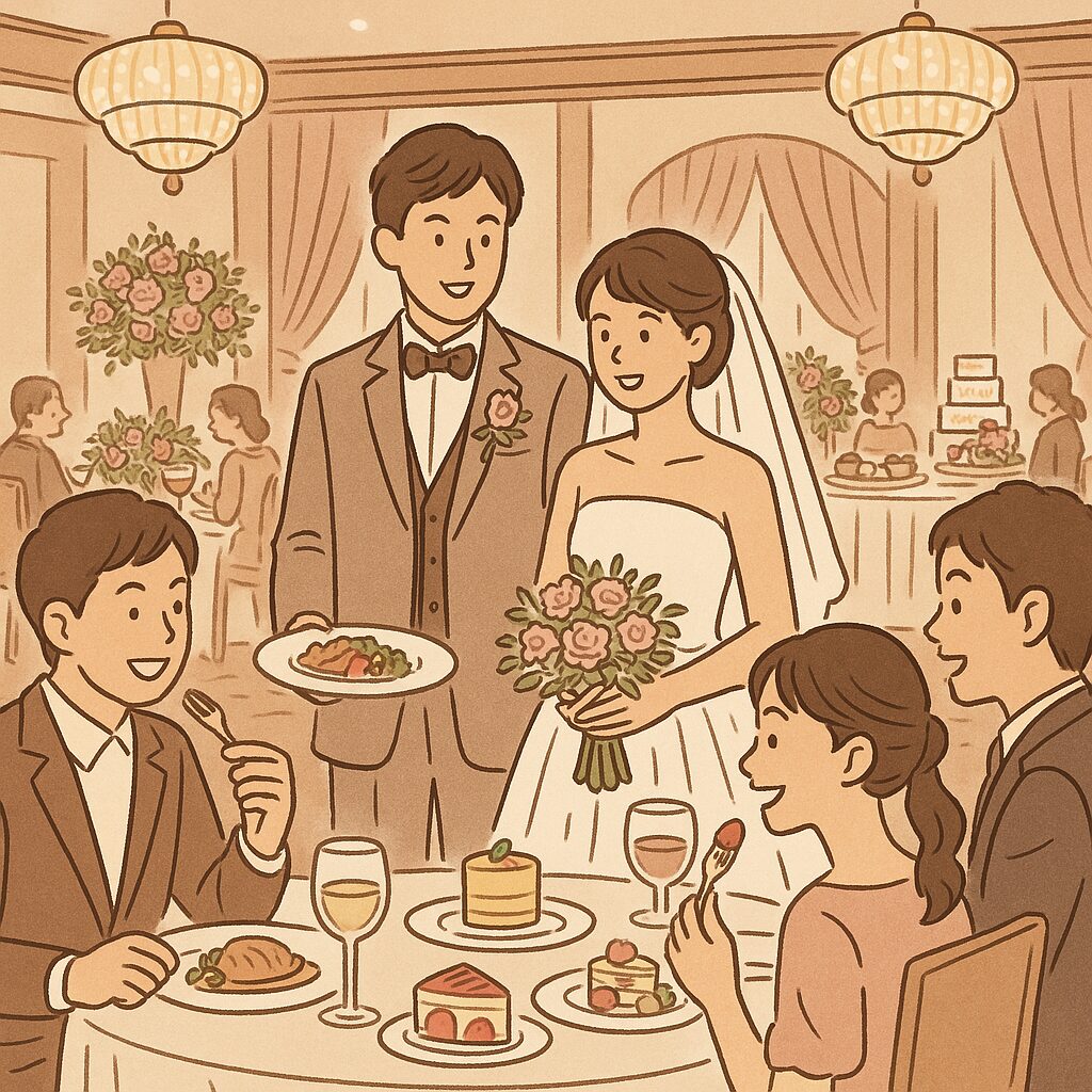 華やかな披露宴会場で、料理やスイーツを楽しむゲストと新郎新婦