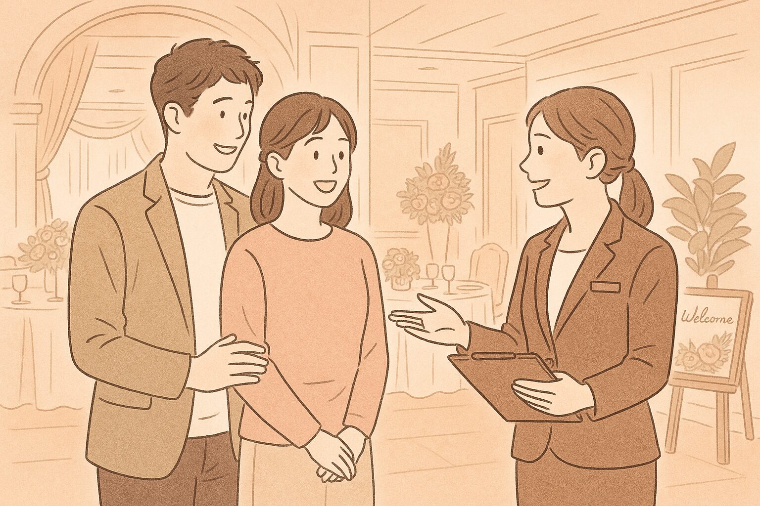 結婚式場のロビーでスタッフから説明を受けるカップルのイラスト。落ち着いたピンクとブラウンの空間で、やさしく迎えられる様子が描かれている