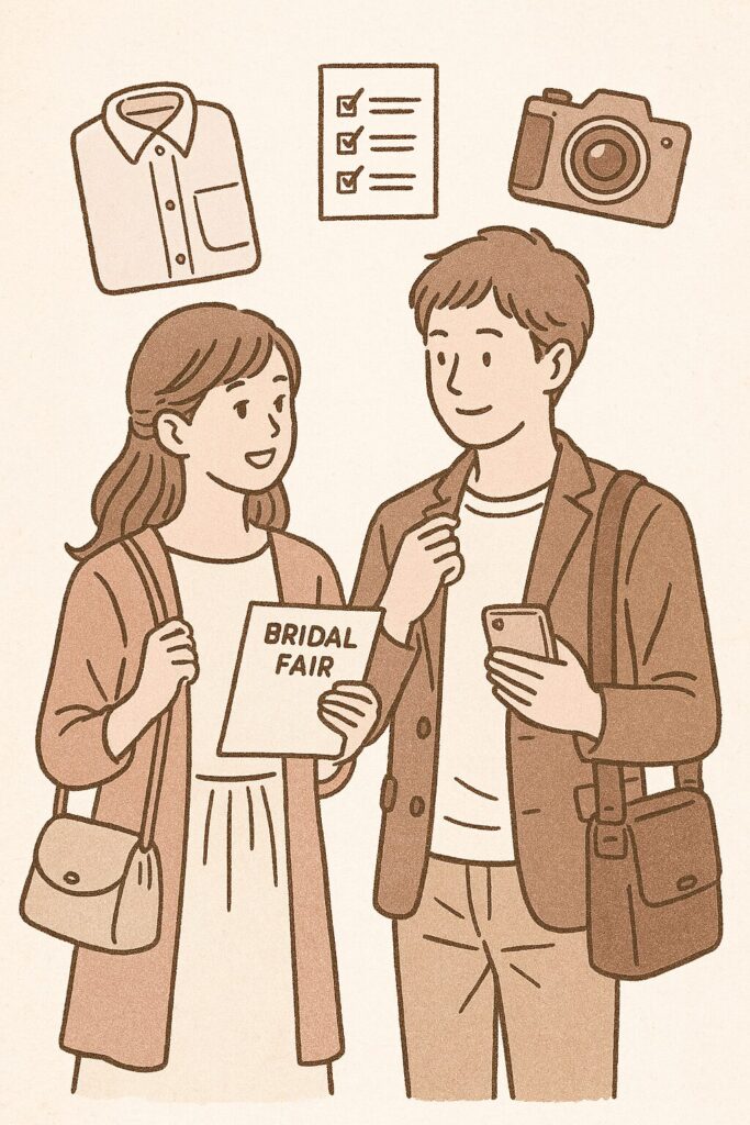 結婚式の準備について話し合うカップルのイラスト