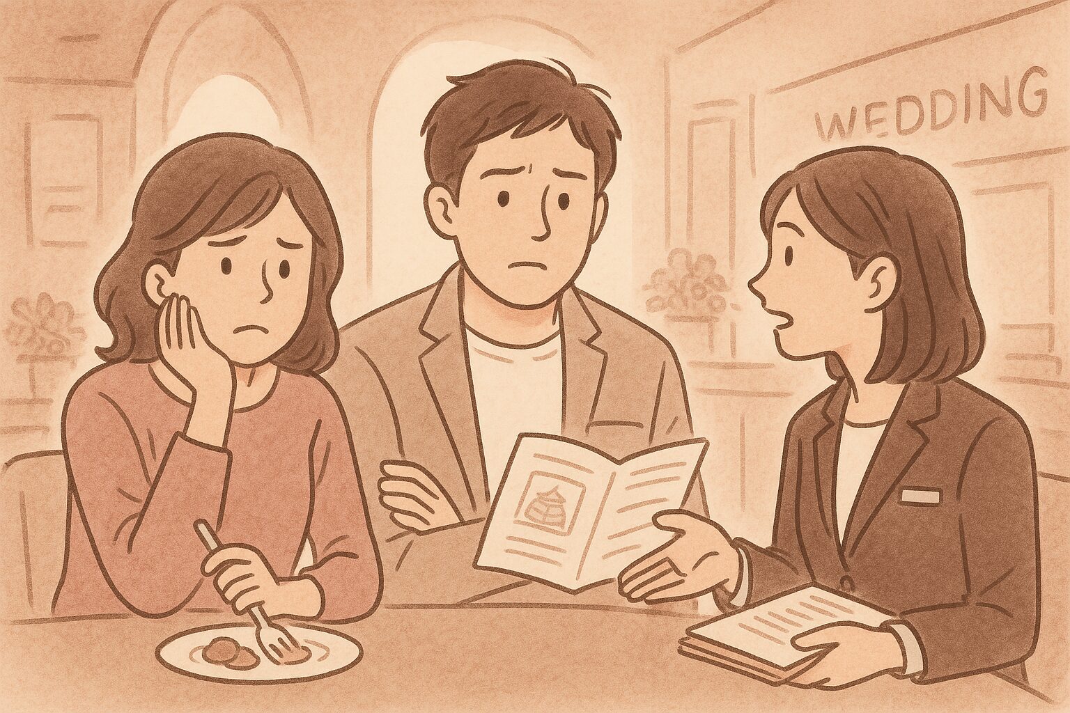 ブライダルフェアの会場でスタッフの説明を受けながら困惑しているカップルのイラスト