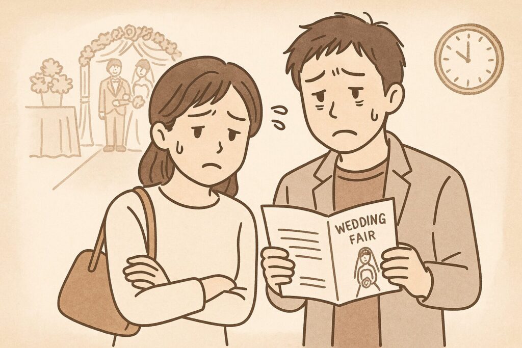 過密なスケジュールに疲れた表情を見せる見学中のカップルのイラスト