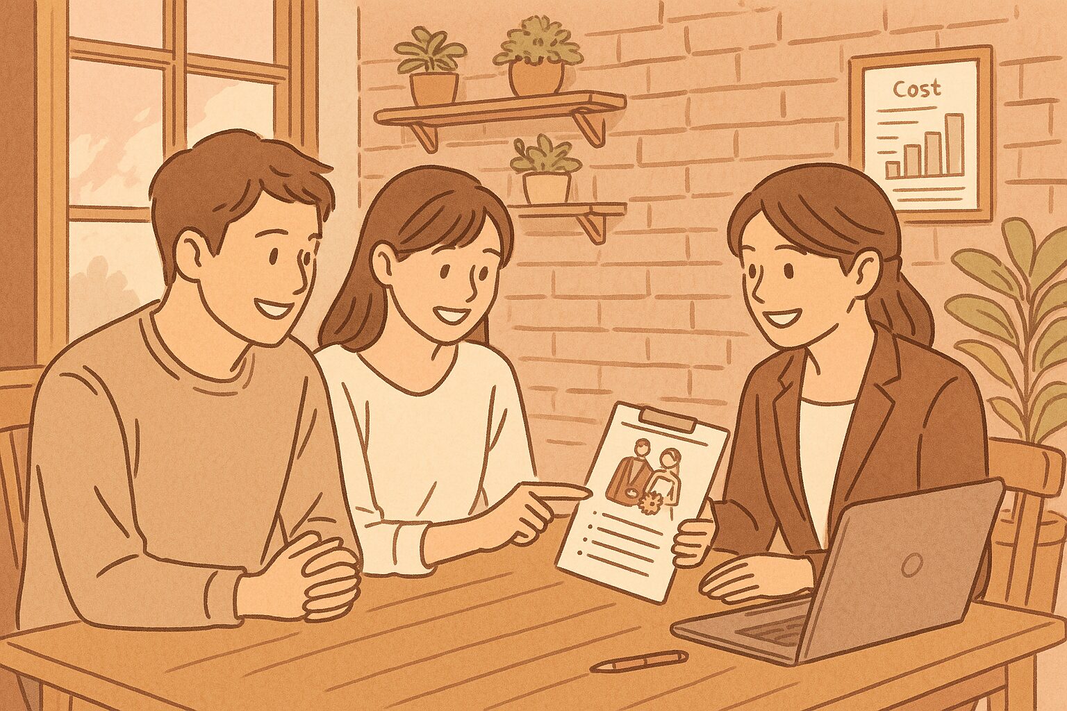 結婚式の費用について打ち合わせをするカップルとプランナーの様子