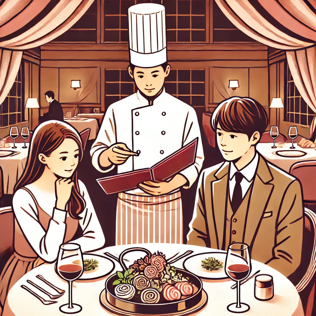 日本人カップルが結婚式場のレストランで料理の試食をしている。シェフが料理の説明をし、温かみのあるブラウンとピンクの空間が広がる。