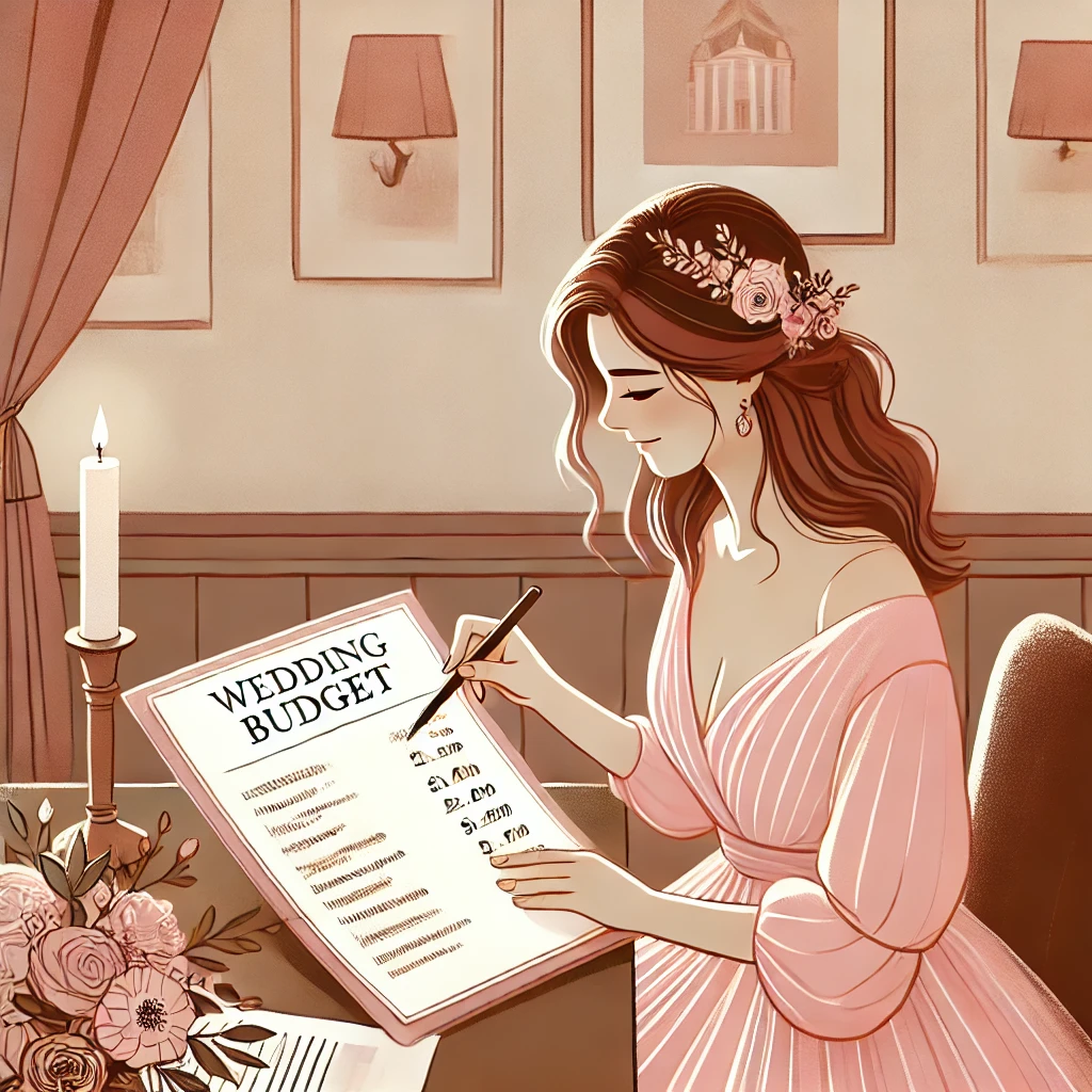 結婚式の見積もりについて話し合うカップルとプランナー。テーブルにはウェディングのパンフレットが並び、カップルが費用を見て驚いている様子