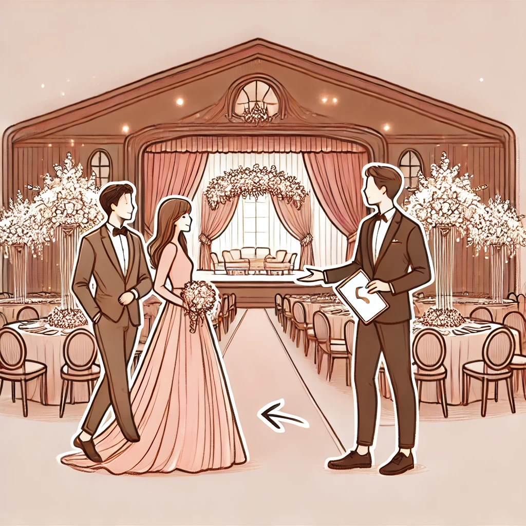 イラスト風の結婚式場見学の風景。カップルがウェディングプランナーと一緒に会場の装飾を見ながら話し合っている