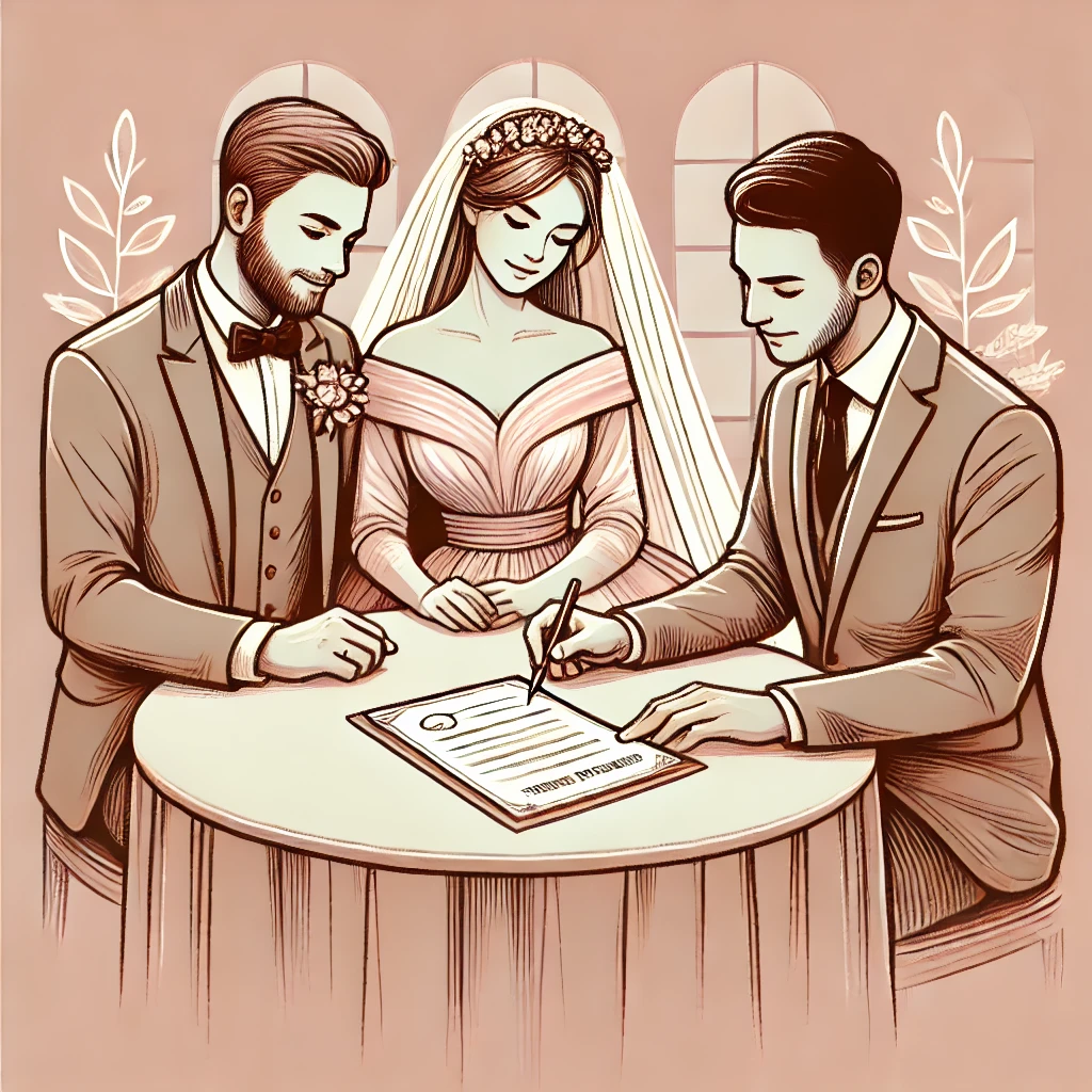 イラスト風の結婚式場契約の風景。新郎新婦がウェディングプランナーとテーブルで契約書を確認しながら話し合っている