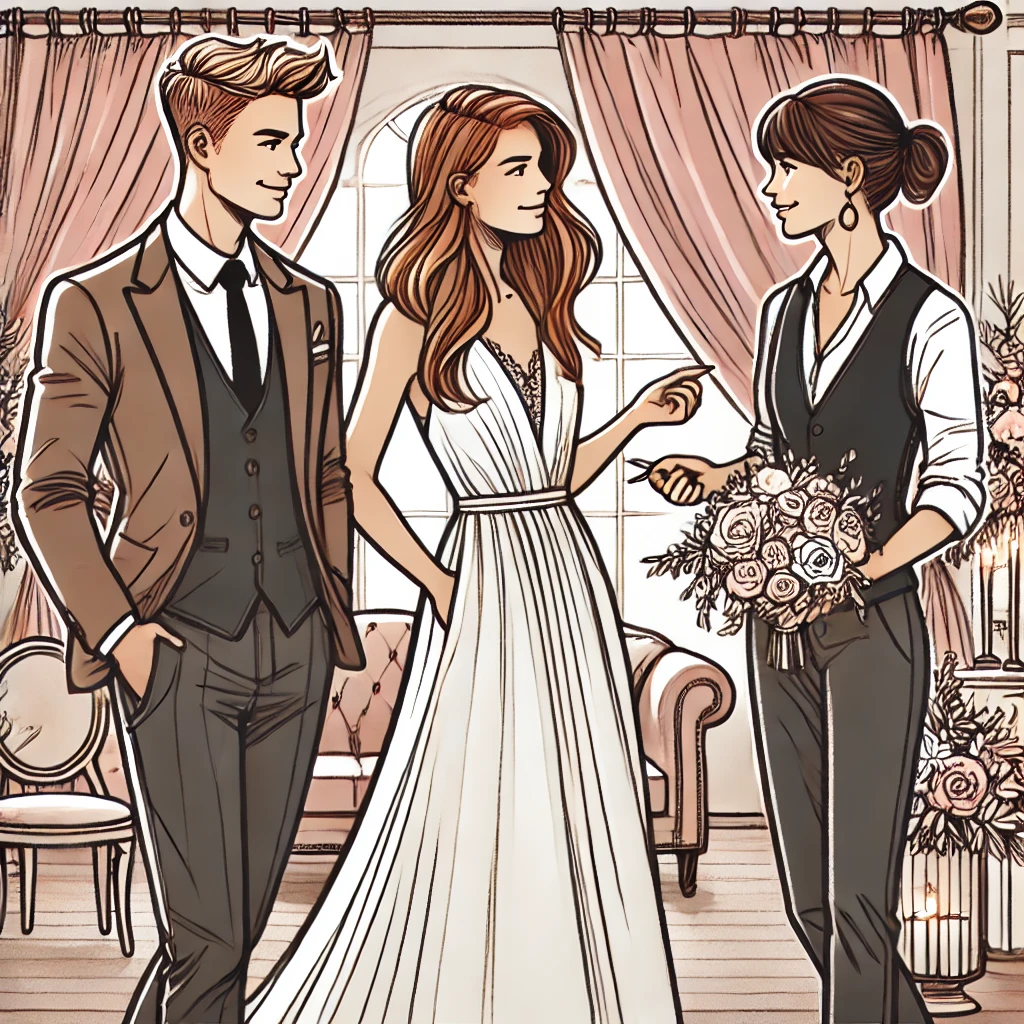 イラスト風の結婚式場見学の風景。カップルがウェディングプランナーと一緒に会場の装飾を見ながら話し合っている
