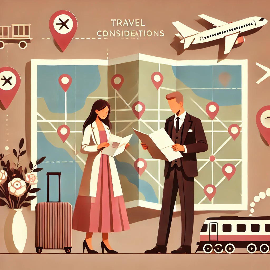 結婚式場の場所を地図で確認するカップルのイラスト。背景に電車や飛行機のアイコンが描かれている。